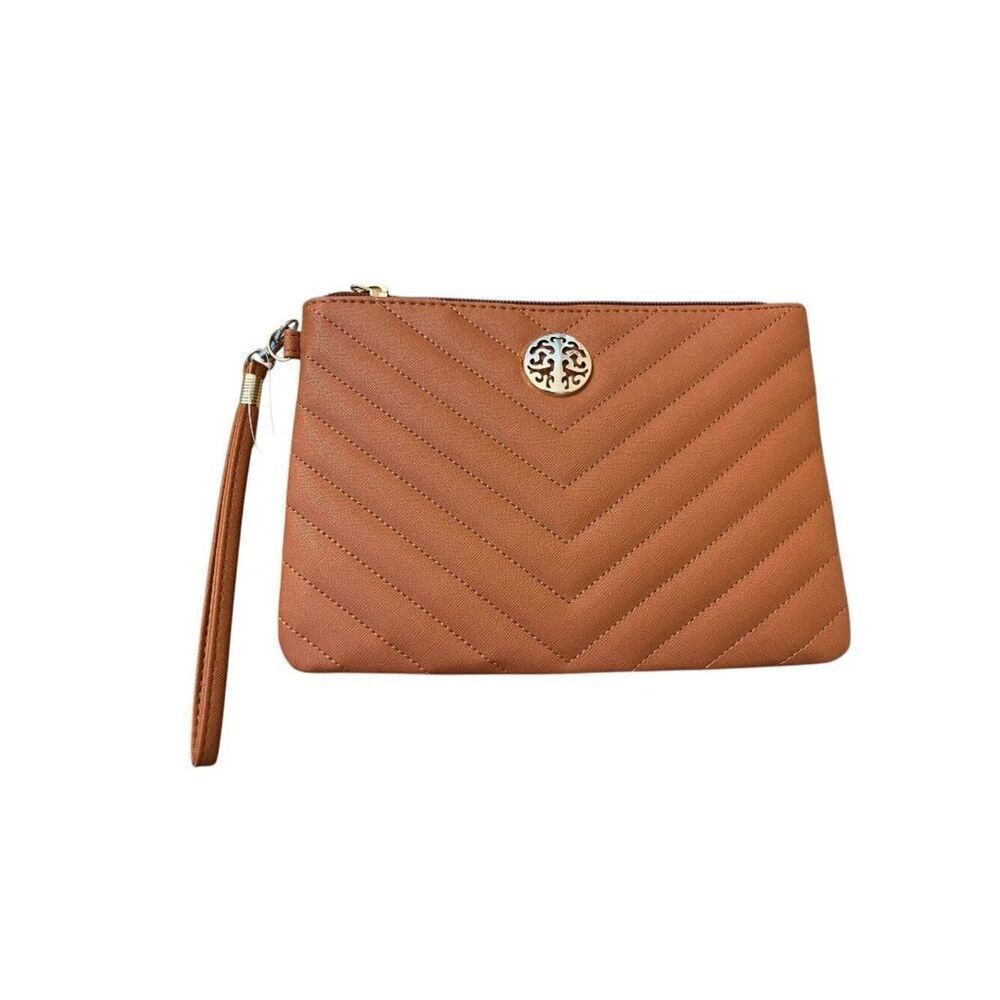Rebecca & Rifka Caramel Brown Wristlet Wallet Gold Logo Faux Leather NWT